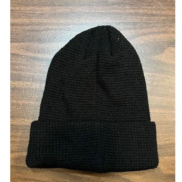 Black Knit Beanie Hat with Leather Patch Logo – Unisex Winter Cuffed Beanie - Picture 2 of 7